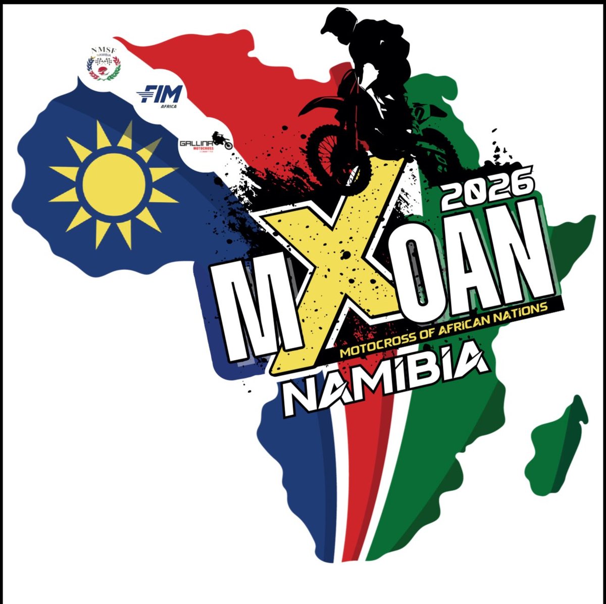 2025 MXOAN Motocross of African Nations logo featuring silhouette of motocross rider and African continent map in Namibia colors